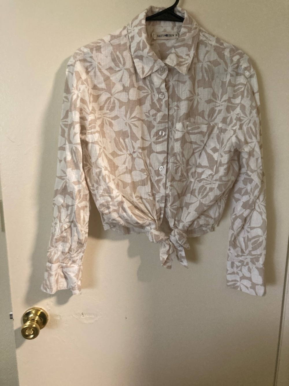 Salty Crew Beige and White Floral Tie-Front Button-Up